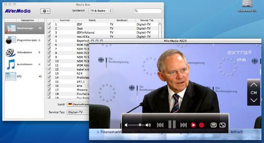 Die AverTV-Software auf dem Mac - Fernsehbild und Menü.. Die AverTV-Software auf dem Mac - Fernsehbild und Menü..