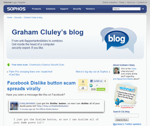 In einem Blog-Eintrag warnt Sophos vor der Installation des "Dislike"-Buttons. Bild: Screenshot In einem Blog-Eintrag warnt Sophos vor der Installation des "Dislike"-Buttons. Bild: Screenshot