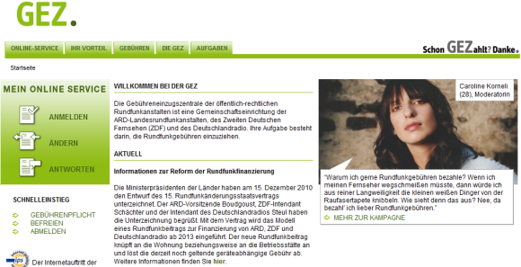 Die GEZ: Ab 2013 wird die Gebühr geräteunabhängig pro Wohnung erhoben. (Bild: Screenshot) Die GEZ: Ab 2013 wird die Gebühr geräteunabhängig pro Wohnung erhoben. (Bild: Screenshot)