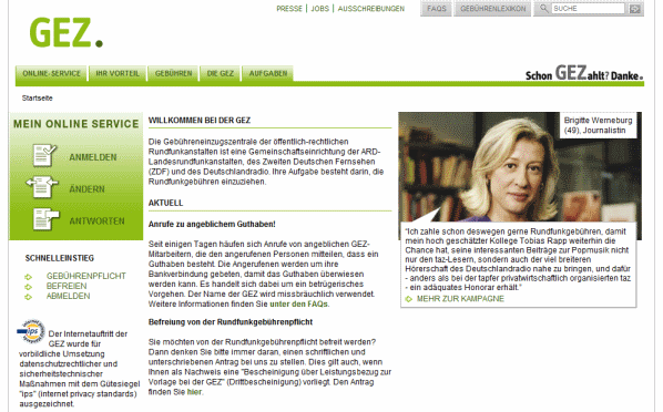 GEZ: Ab 2013 wird die Rundfunkgebühr pro Haushalt fällig. Bild: Screenshot GEZ: Ab 2013 wird die Rundfunkgebühr pro Haushalt fällig. Bild: Screenshot