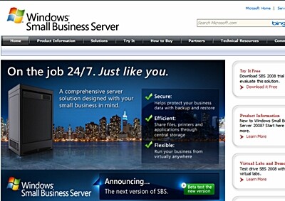 Der Small Business Server (SBS) soll auch kleinere Betriebe mit weniger als 25 Mitarbeitern den Weg ins Cloud Computing ebnen. Das Bild zeigt die Website für den SBS. (Bild: Microsoft) Der Small Business Server (SBS) soll auch kleinere Betriebe mit weniger als 25 Mitarbeitern den Weg ins Cloud Computing ebnen. Das Bild zeigt die Website für den SBS. (Bild: Microsoft)