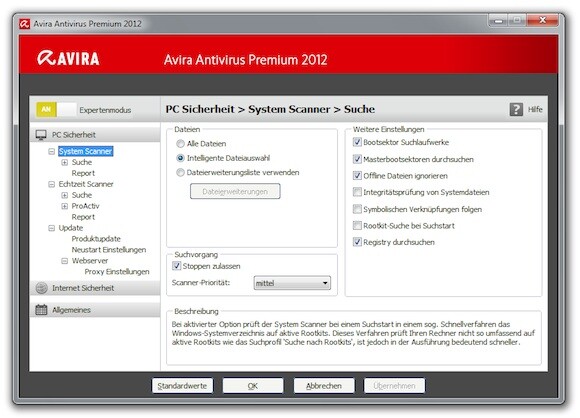 Avira bietet für die Einstellungen wie gewohnt einen Expertenmodus an. (Bild: netzwelt) Avira bietet für die Einstellungen wie gewohnt einen Expertenmodus an. (Bild: netzwelt)