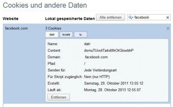 Besonders der "datr"-Cookie von Facebook sorgt aktuell für Unmut. Ein Glück, dass es gelöscht werden kann. (Bild: netzwelt) Besonders der "datr"-Cookie von Facebook sorgt aktuell für Unmut. Ein Glück, dass es gelöscht werden kann. (Bild: netzwelt)