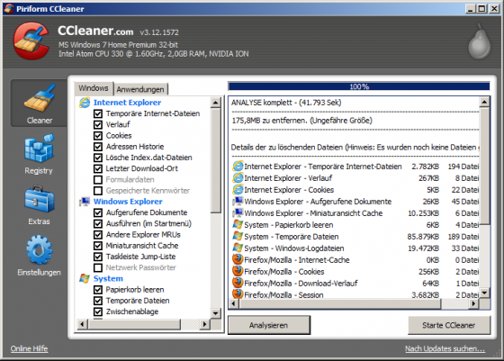 der CCleaner schafft Platz und Ordnung im System. (Bild: Screenshot) der CCleaner schafft Platz und Ordnung im System. (Bild: Screenshot)