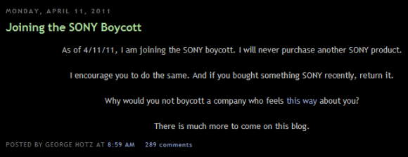 Geohot gibt auf seinem Blog bekannt, dass er dem Sony-Boykott beitritt. (Bild: Screenshot) Geohot gibt auf seinem Blog bekannt, dass er dem Sony-Boykott beitritt. (Bild: Screenshot)