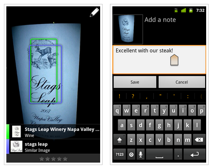 Bei Google Goggles 1.4 für Android können Nutzer jetzt Notizen zum Suchverlauf hinzufügen. (Bilder: Google) Bei Google Goggles 1.4 für Android können Nutzer jetzt Notizen zum Suchverlauf hinzufügen. (Bilder: Google)