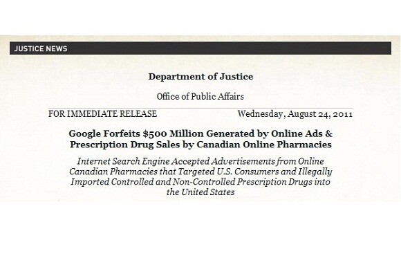 Google muss eine halbe Milliarde US-Dollar zahlen, um die Ermittlungen des US-Justizministeriums zu beenden (Bild: US Department of Justice) Google muss eine halbe Milliarde US-Dollar zahlen, um die Ermittlungen des US-Justizministeriums zu beenden (Bild: US Department of Justice)