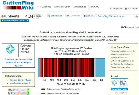 Das GuttenPlag Wiki ist einer der Preisträger des Grimme Online Awards 2011. (Bild: Screenshot) Das GuttenPlag Wiki ist einer der Preisträger des Grimme Online Awards 2011. (Bild: Screenshot)