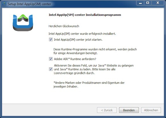 Intel empfiehlt die Installation von Java und Adobe AIR. (Bild: Screenshot) Intel empfiehlt die Installation von Java und Adobe AIR. (Bild: Screenshot)