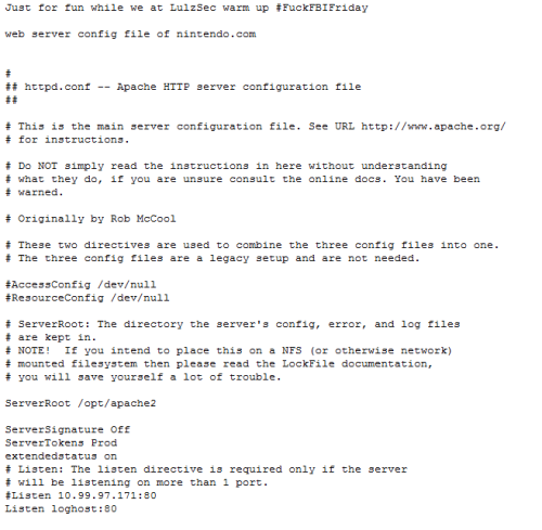 Lulz Security stellte die Konfigurationsdatei von Nintendo.com ins Netz. (Bild: Screenshot) Lulz Security stellte die Konfigurationsdatei von Nintendo.com ins Netz. (Bild: Screenshot)