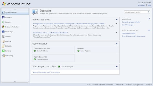 Die Management-Oberfläche von Windows Intune ist sehr übersichtlich. (Bild: Netzwelt) Die Management-Oberfläche von Windows Intune ist sehr übersichtlich. (Bild: Netzwelt)