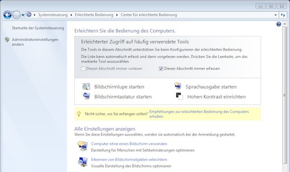 Microsoft Windows 7 beinhaltet den Center für erleichterte Bedienung. (Bild: Screenshot) Microsoft Windows 7 beinhaltet den Center für erleichterte Bedienung. (Bild: Screenshot)