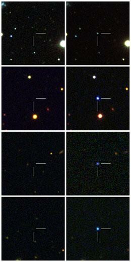 Die Montage zeigt die Galaxien vor und nach den Sternenexplosionen. (Bild: Caltech/Robert Quimby) Die Montage zeigt die Galaxien vor und nach den Sternenexplosionen. (Bild: Caltech/Robert Quimby)