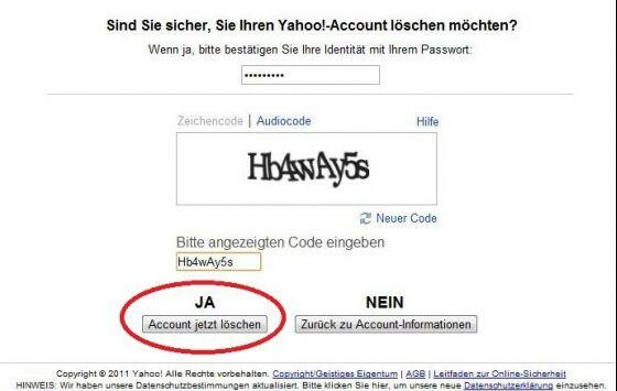 Noch ein Klick, dann ist die Yahoo-ID und das dazugehörige E-Mail-Konto gelöscht. (Bild: Screenshot) Noch ein Klick, dann ist die Yahoo-ID und das dazugehörige E-Mail-Konto gelöscht. (Bild: Screenshot)