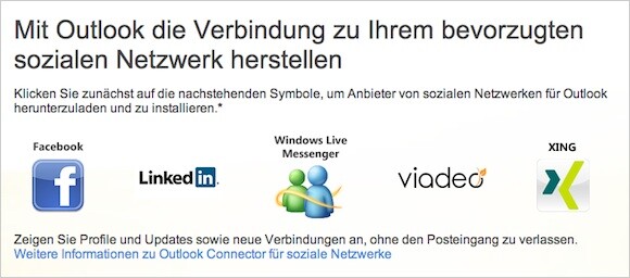 Outlook unterstützt alle wichtigen Netzwerke. (Bild: Screenshot) Outlook unterstützt alle wichtigen Netzwerke. (Bild: Screenshot)