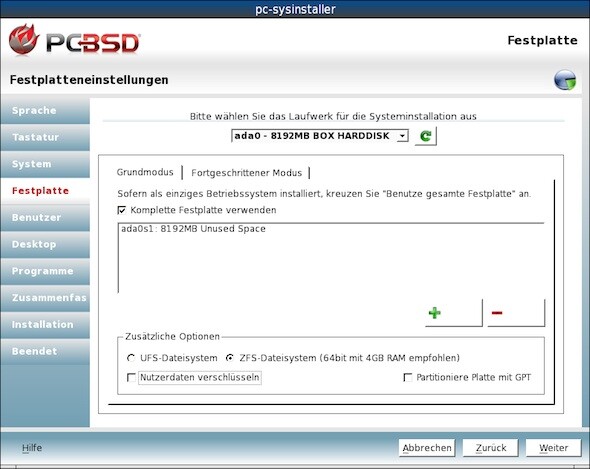 PC-BSD 9.0 ermöglicht den problemlosen Einsatz des Dateisystems ZFS. (Bild: Netzwelt) PC-BSD 9.0 ermöglicht den problemlosen Einsatz des Dateisystems ZFS. (Bild: Netzwelt)