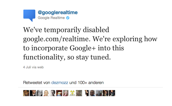 Per Twitter teilte Google die vorübergehende Deaktivierung der Echtzeitsuche mit. (Bild: Screenshot) Per Twitter teilte Google die vorübergehende Deaktivierung der Echtzeitsuche mit. (Bild: Screenshot)