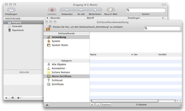 Für Signatur und die Verschlüsselung arbeiten Apple Mail und die Schlüsselbund-App zusammen. (Bild: Netzwelt) Für Signatur und die Verschlüsselung arbeiten Apple Mail und die Schlüsselbund-App zusammen. (Bild: Netzwelt)