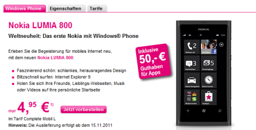Die Telekom nimmt bereits Vorbestellungen für das Lumia 800 entgegen. (Bild: Screenshot) Die Telekom nimmt bereits Vorbestellungen für das Lumia 800 entgegen. (Bild: Screenshot)