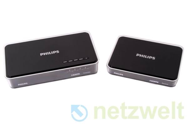 Unterstützt Auflösungen bis zu 1080p: das Sender-/Empfängersystem Philips SWW1800/12 zur kabellosen Übertragung von HD-Signalen. (Bild: netzwelt.de) Unterstützt Auflösungen bis zu 1080p: das Sender-/Empfängersystem Philips SWW1800/12 zur kabellosen Übertragung von HD-Signalen. (Bild: netzwelt.de)
