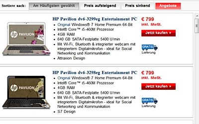 Verwirrend: Gleicher Preis, gleicher Prozessor, gleicher Arbeitsspeicher, nur das Design ist verschieden. Notebooks im Onlineshop von HP. (Bild: Screenshot) Verwirrend: Gleicher Preis, gleicher Prozessor, gleicher Arbeitsspeicher, nur das Design ist verschieden. Notebooks im Onlineshop von HP. (Bild: Screenshot)