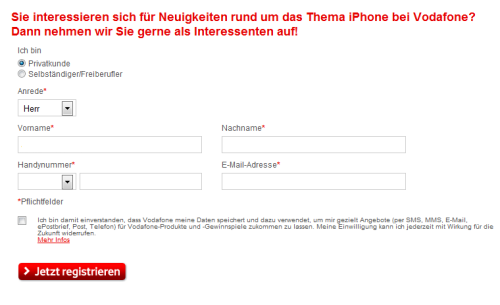 Vodafone hat die Webseite zur Vorregistrierung des iPhone 5 freigeschaltet. (Bild: Screenshot) Vodafone hat die Webseite zur Vorregistrierung des iPhone 5 freigeschaltet. (Bild: Screenshot)