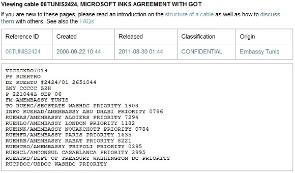 Das auf WikiLeaks veröffentlichte Kabel zeigt enge Verbindungen zwischen Microsoft und tunesischer Regierung seit 2006 (Bild: Screenshot) Das auf WikiLeaks veröffentlichte Kabel zeigt enge Verbindungen zwischen Microsoft und tunesischer Regierung seit 2006 (Bild: Screenshot)