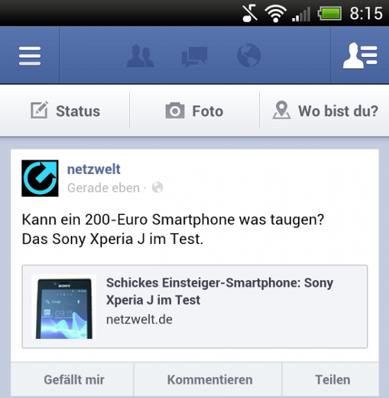 Android-Nutzer erhalten durch ein Facebook-Update den Teilen-Button. (Bild: Screenshot Facebook-App für Android) Android-Nutzer erhalten durch ein Facebook-Update den Teilen-Button. (Bild: Screenshot Facebook-App für Android)
