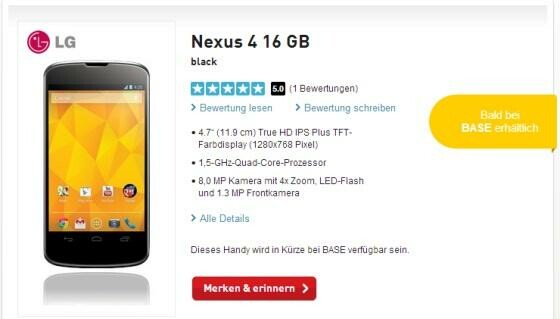 Base nimmt ab Januar das Nexus 4 ins Portfolio. (Bild: Screenshot Base.de) Base nimmt ab Januar das Nexus 4 ins Portfolio. (Bild: Screenshot Base.de)