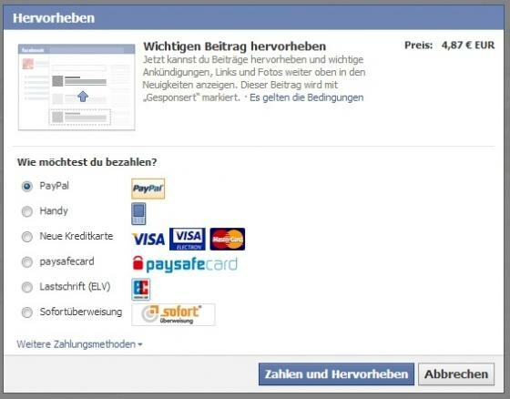 Auch in Deutschland ist es nun möglich Posts durch Bezahlung hervorzuheben. (Bild: Screenshot Facebook) Auch in Deutschland ist es nun möglich Posts durch Bezahlung hervorzuheben. (Bild: Screenshot Facebook)