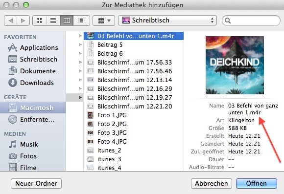 Beim erneuten Import in die Mediathek muss der Klingelton auf .m4r enden. (Bild: netzwelt) Beim erneuten Import in die Mediathek muss der Klingelton auf .m4r enden. (Bild: netzwelt)