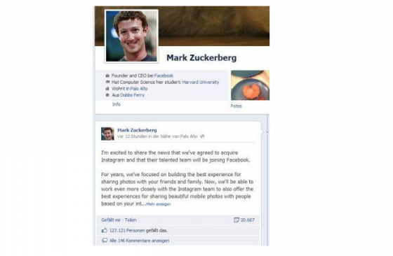 Facebook-Gründer Mark Zuckerberg verkündet die geplante Übernahme von Instagram in seiner Timeline. (Bild: Screenshot facebook.com) Facebook-Gründer Mark Zuckerberg verkündet die geplante Übernahme von Instagram in seiner Timeline. (Bild: Screenshot facebook.com)