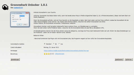 Mit der Firefox-Erweiterung Grooveshark Unlocker umgeht der Nutzer die Ländersperre. (Bild: Screenshot) Mit der Firefox-Erweiterung Grooveshark Unlocker umgeht der Nutzer die Ländersperre. (Bild: Screenshot)