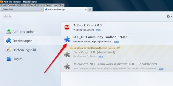 Im Firefox wird die Toolbar über den Add-on-Manager entfernt. (Bild: Screenshot) Im Firefox wird die Toolbar über den Add-on-Manager entfernt. (Bild: Screenshot)