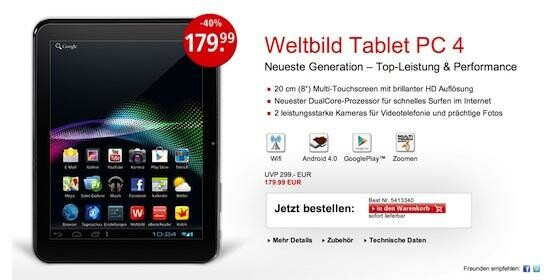 Frische Konkurrenz in der 200-Euro-Klasse: Tablet PC 4 von Weltbild und Hugendubel. (Bild: Screenshot Weltbild.de) Frische Konkurrenz in der 200-Euro-Klasse: Tablet PC 4 von Weltbild und Hugendubel. (Bild: Screenshot Weltbild.de)