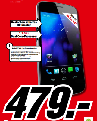 Das Galaxy Nexus wird im Media Markt-Prospekt beworben. (Bild: Screenshot) Das Galaxy Nexus wird im Media Markt-Prospekt beworben. (Bild: Screenshot)