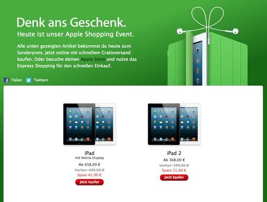Gilt nur heute: Apple gewährt auf ausgewählte Produkte Rabatte in Höhe von bis zu 101 Euro. (Bild: Apple) Gilt nur heute: Apple gewährt auf ausgewählte Produkte Rabatte in Höhe von bis zu 101 Euro. (Bild: Apple)
