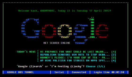 Das Google BBS zeigt, wie die Suchmaschine in den 80ern funktioniert hätte. (Bild: Screenshot masswerk.at) Das Google BBS zeigt, wie die Suchmaschine in den 80ern funktioniert hätte. (Bild: Screenshot masswerk.at)