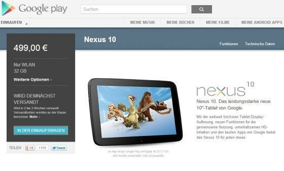 Das Google Nexus 10 ist wieder bei Google Play verfügbar. (Bild: Screenshot google.de) Das Google Nexus 10 ist wieder bei Google Play verfügbar. (Bild: Screenshot google.de)
