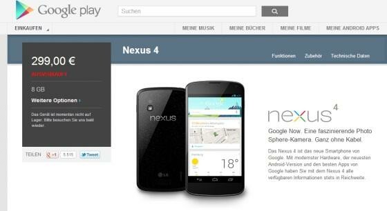 Das Google Nexus 4 war bereits nach wenigen Sekunden ausverkauft. (Bild: Screenshot Google.de) Das Google Nexus 4 war bereits nach wenigen Sekunden ausverkauft. (Bild: Screenshot Google.de)