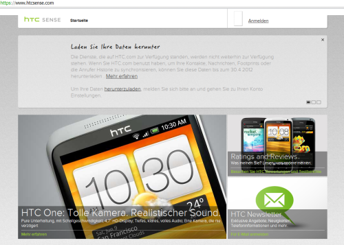 HTC stellt seinen Online-Dienst HTCSense.com ein. (Bild: Screenshot HTCSense.com) HTC stellt seinen Online-Dienst HTCSense.com ein. (Bild: Screenshot HTCSense.com)