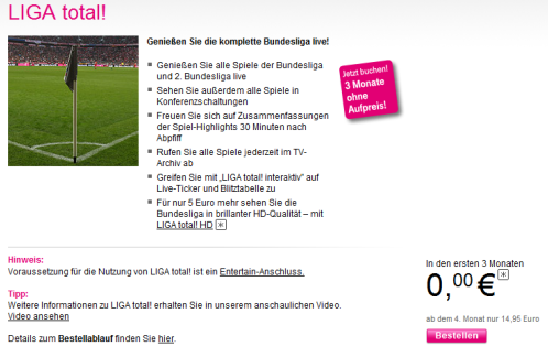 Das IP-TV-Angebot "Liga total!" der Deutschen Telekom steht nach dem Verlust der Rechte vor dem Aus. (Bild: Screenshot telekom.de) Das IP-TV-Angebot "Liga total!" der Deutschen Telekom steht nach dem Verlust der Rechte vor dem Aus. (Bild: Screenshot telekom.de)