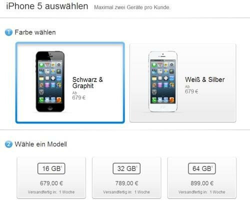 Die Lieferzeit für das Apple iPhone 5 beträgt jetzt nur noch eine Woche. (Bild: Screenshot Apple.de) Die Lieferzeit für das Apple iPhone 5 beträgt jetzt nur noch eine Woche. (Bild: Screenshot Apple.de)