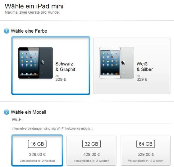 Die Lieferzeit für das iPad mini beträgt bereits zwei Wochen. (Bild: Screenshot Apple.de) Die Lieferzeit für das iPad mini beträgt bereits zwei Wochen. (Bild: Screenshot Apple.de)