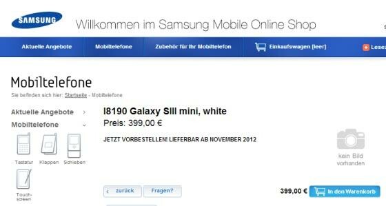 Nun listet auch ein österreichischer Händler das Galaxy S3 Mini. (Bild: Screenshot samsungmobileshop.at) Nun listet auch ein österreichischer Händler das Galaxy S3 Mini. (Bild: Screenshot samsungmobileshop.at)