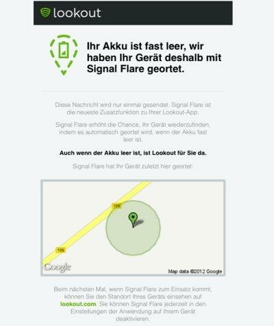 Lookout 3.0 ermöglicht es verlorene Smartphones auch bei leerem Akku zu orten. (Bild: Lookout) Lookout 3.0 ermöglicht es verlorene Smartphones auch bei leerem Akku zu orten. (Bild: Lookout)