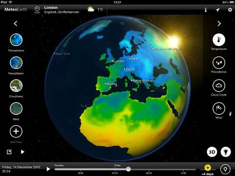 MeteoEarth soll auf dem iPad einen Wetterbericht in TV-Qualität ermöglichen. (Bild: MeteoGroup) MeteoEarth soll auf dem iPad einen Wetterbericht in TV-Qualität ermöglichen. (Bild: MeteoGroup)
