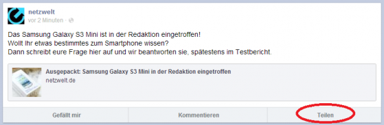 Auf der mobilen Webseite von Facebook ist nun der Teilen-Button zu finden. (Bild: Screenshot m.facebook.com) Auf der mobilen Webseite von Facebook ist nun der Teilen-Button zu finden. (Bild: Screenshot m.facebook.com)