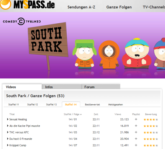 Auf MySpass.de kann der Nutzer unter anderem Southpark gucken. (Bild: Screenshot MySpass.de) Auf MySpass.de kann der Nutzer unter anderem Southpark gucken. (Bild: Screenshot MySpass.de)