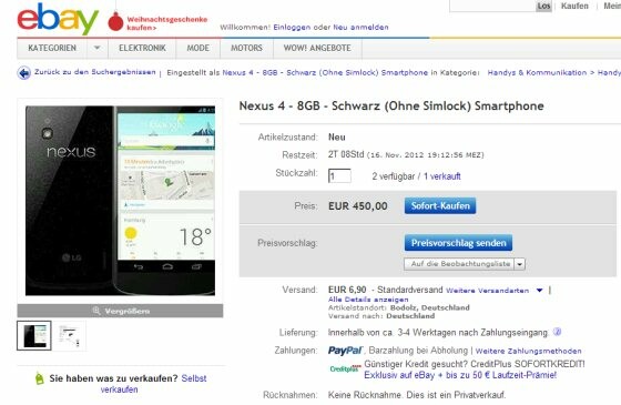 Das Nexus 4 ist bei eBay nur einen Klick entfernt, dafür aber deutlich teurer als bei Google Play. (Bild: Screenshot eBay.de) Das Nexus 4 ist bei eBay nur einen Klick entfernt, dafür aber deutlich teurer als bei Google Play. (Bild: Screenshot eBay.de)